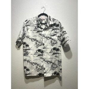Kalena Fashions Hawaiian Shirt Mens Large‎ Black White Palm Tree Print Button Up